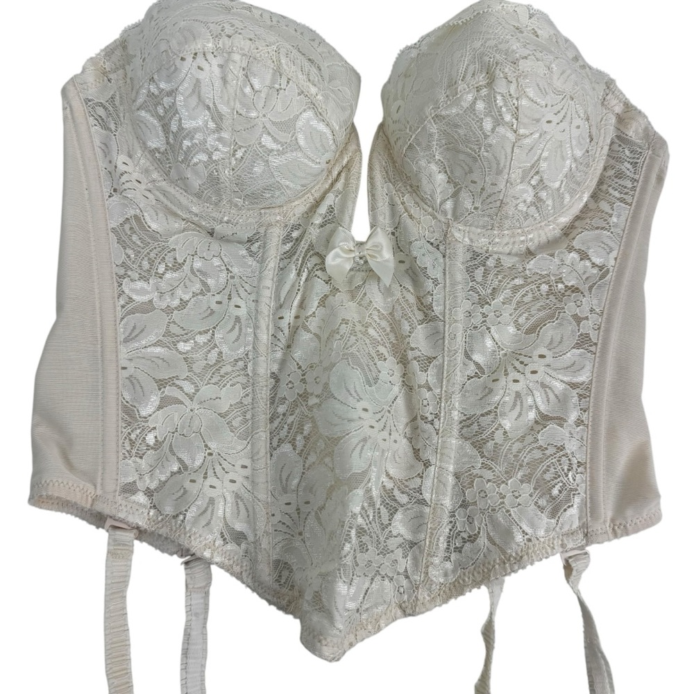 36A Va Bien Lace Hourglass Bustier Garters Coquette Strapless Ivory Sexy Vtg